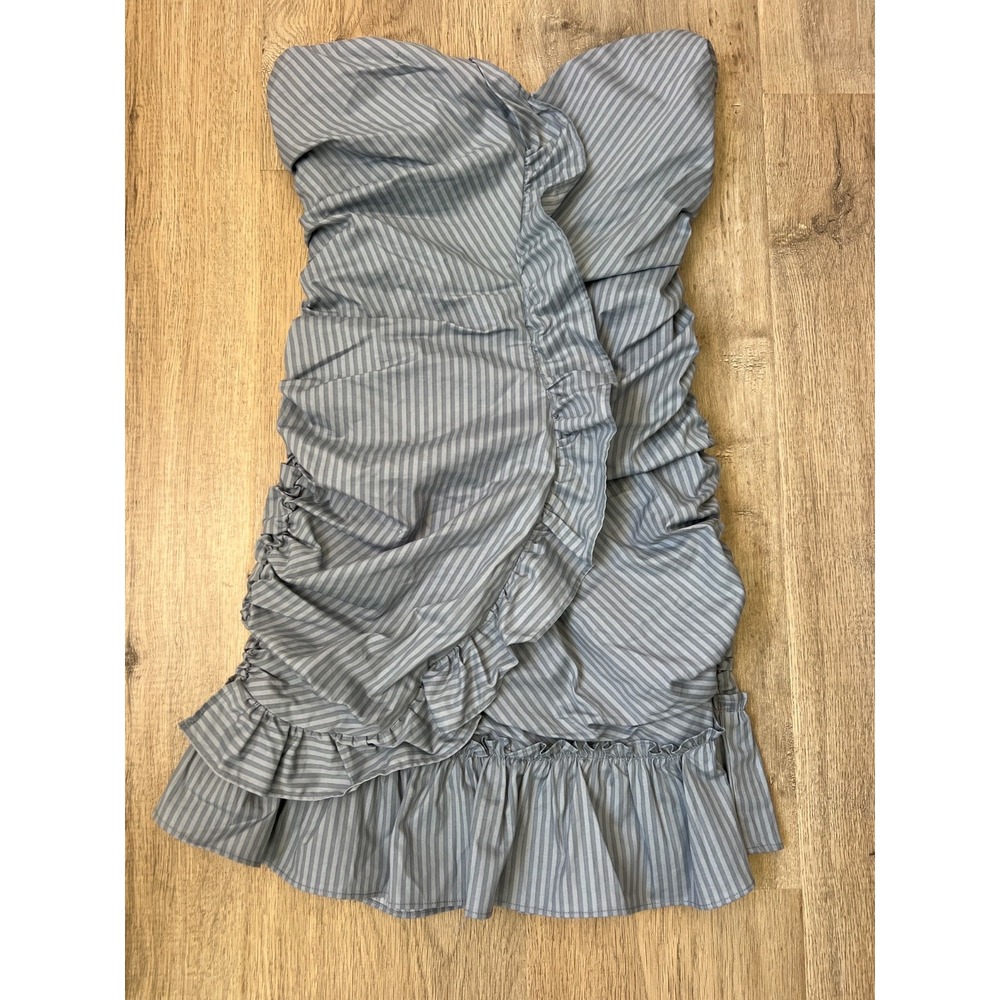 Ecote Strapless Blue and White Striped Ruched Ruffle Mini Dress